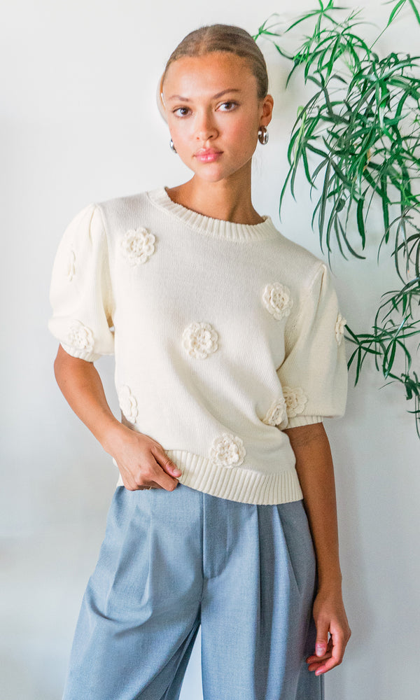 Bria Rosette Puff Sleeve Sweater - Cream