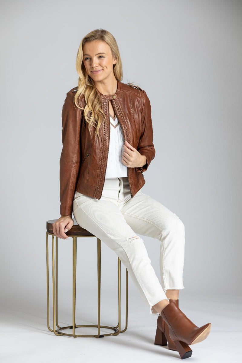 Classic Zip Front Leather Jacket w/ Braided Detail