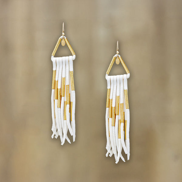 Navajo Gold Deerskin Fringe Earrings - White