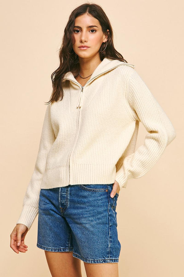 Full Front Zip Sweater - Cream