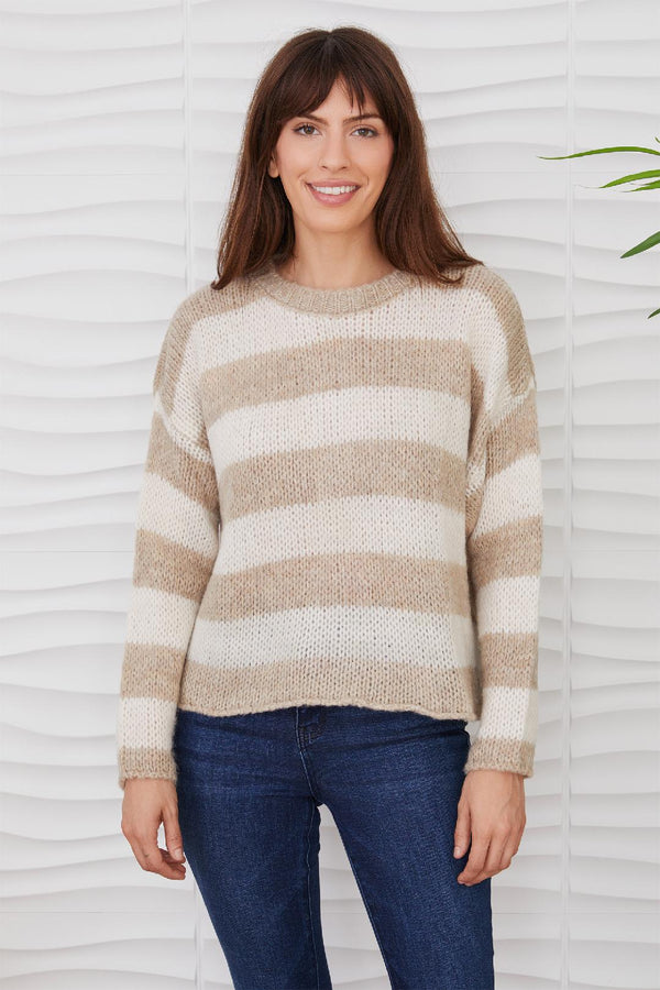 Fuzzy Knit L/S Crew Neck Striped Sweater