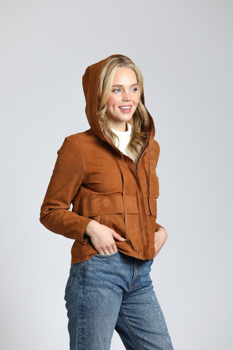 Double Faced Snap Front Hooded Jacket - Cognac