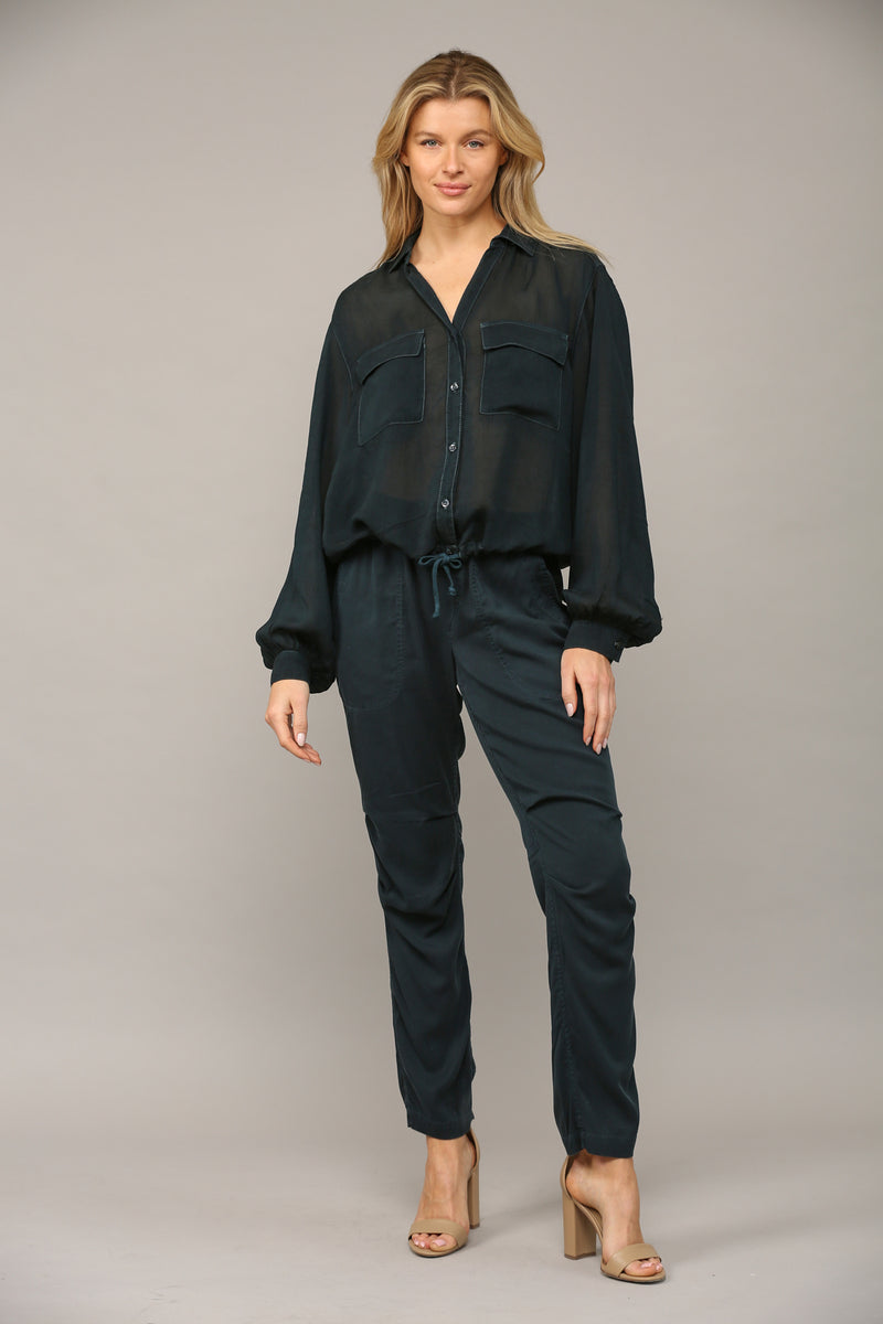 Long Sleeve Drawstring Button Down Shirt - Onyx