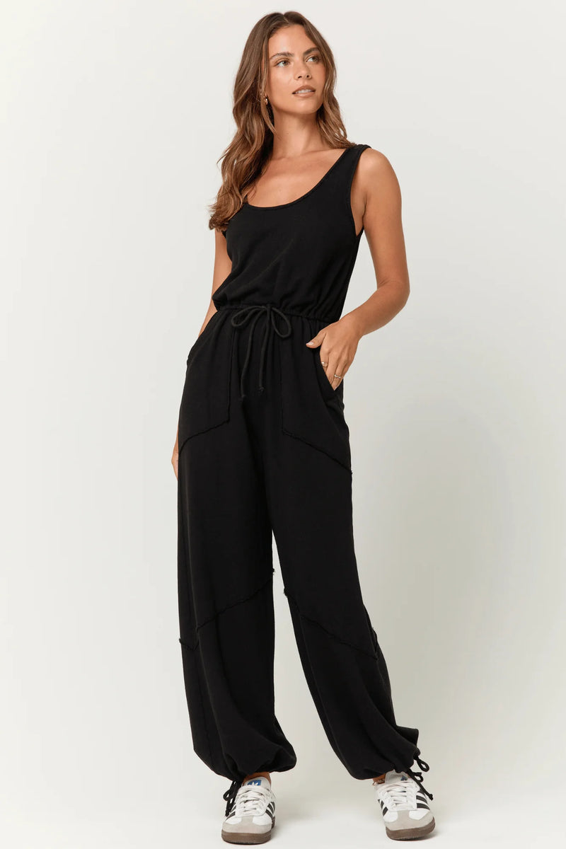 Journey Tie Front Terry Jumpsuit - Black