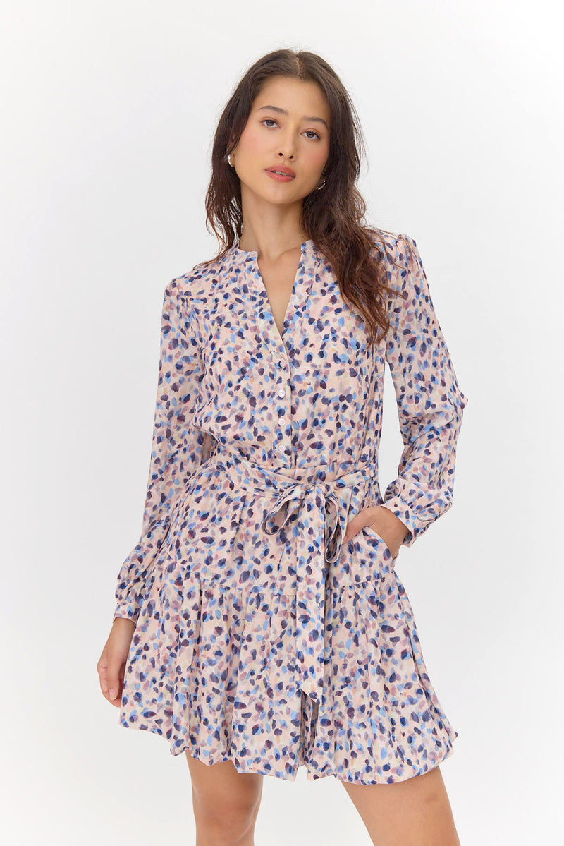 Kai Print Belted Bubble Hem Dress - Blush Dot