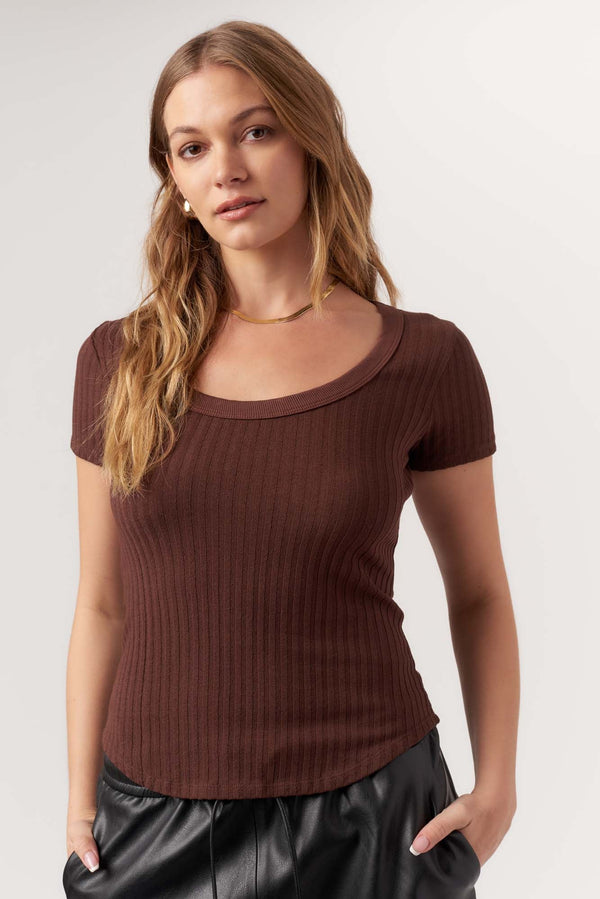 Julie Scoop Neck Sweater Rib Tee - Cacao