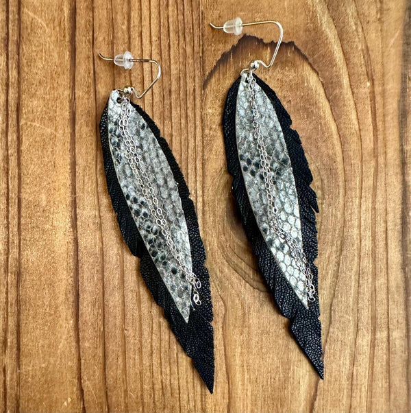 Medium Leather Feather Earrings - Silver, Black and Python