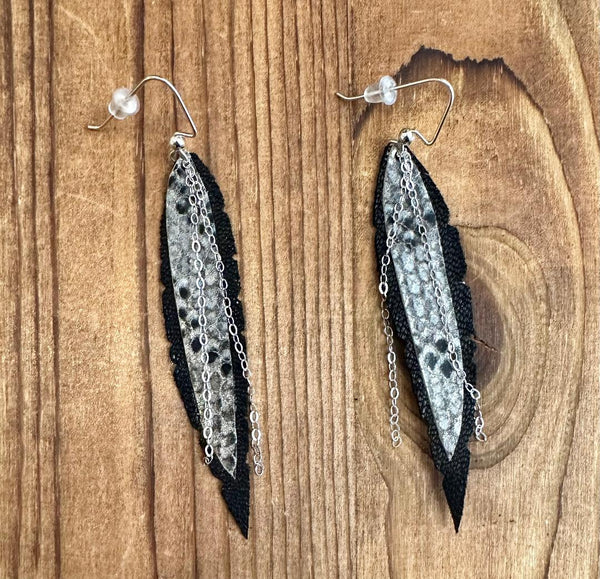 Small Leather Feather Earrings - Silver, Black and Python